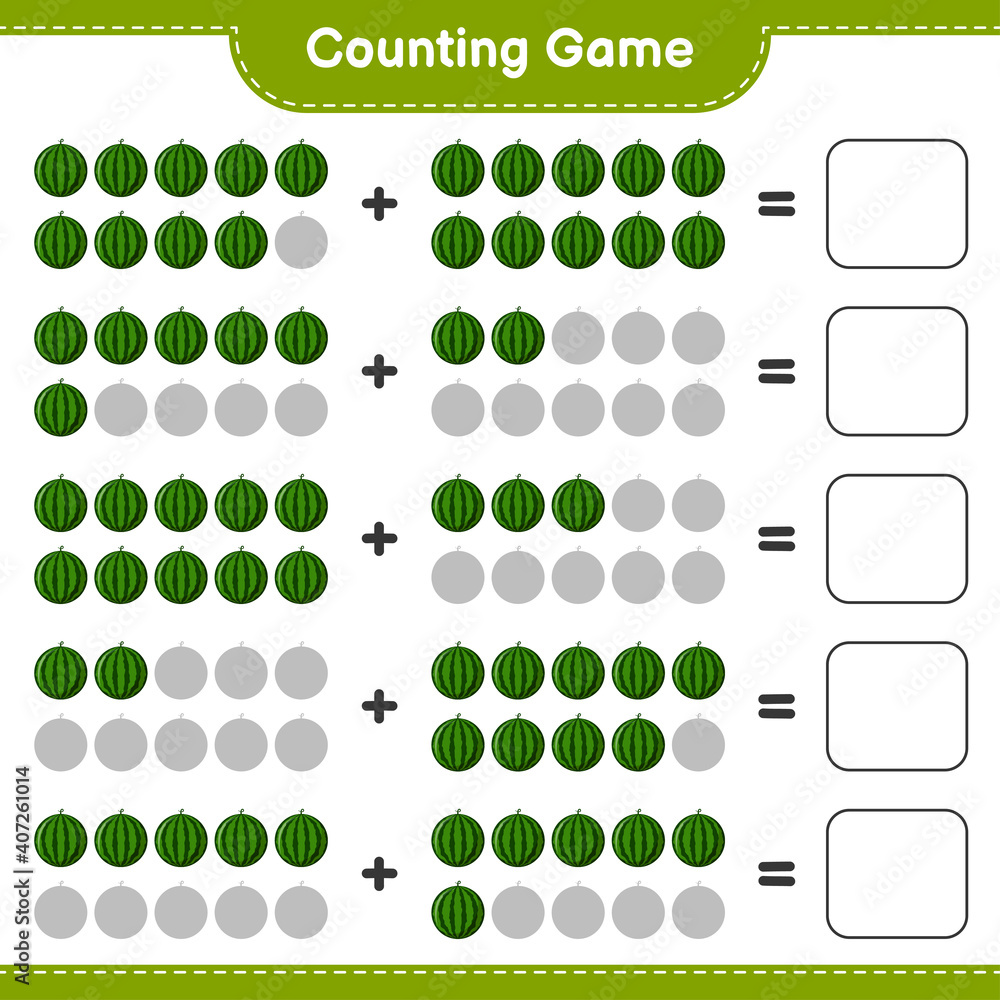 Counting game, count the number of Watermelon and write the result. Educational children game, printable worksheet, vector illustration