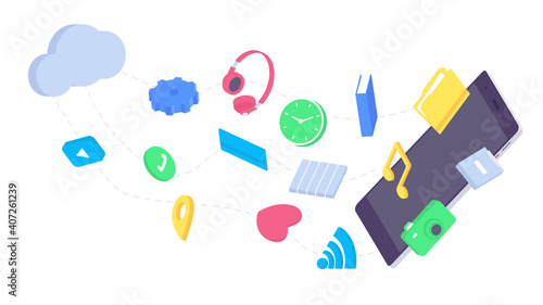 Isometric mobile app flat application concept user ui device graphic smartphone screen icons vector illustration