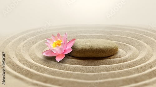 Photography Zen garden meditation stone background and flower with stone and lines in sand for relaxation balance and harmony