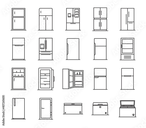 Fridge icons set. Outline of fridge icons. Vector linear icon set illustration.