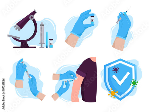 Vaccination and immunization set. Covid-19 prevention. Hands making an injection. Safety measure during coronavirus. Vector illustration.