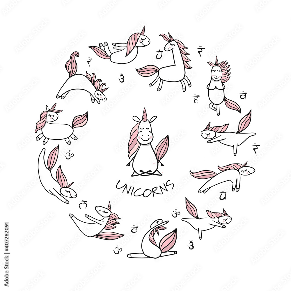 Funny Unicorns doing yoga. Circle Background for your design