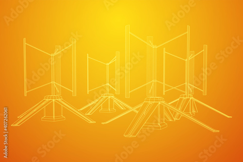 Darrieus wind turbine. Windmill generator wireframe low poly mesh. Vector illustration