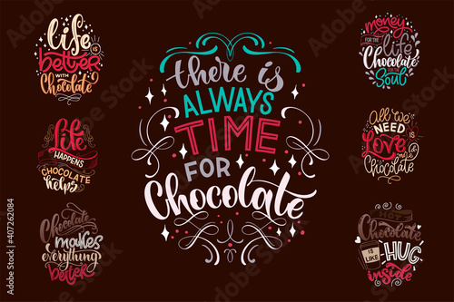 Chocolate hand lettering quotes set. Warm Christmas winter word composition. Vector design elements for t-shirts, posters, cards, stickers and menu