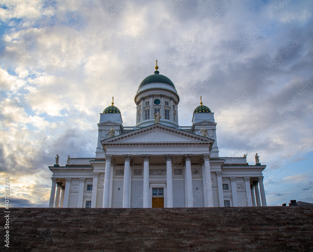 Low angle view of the exterior of Helsinki cathedral in Finland during summer sunset