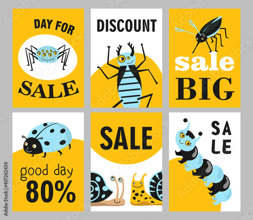 Big sale brochure designs with funny insects for shop or store