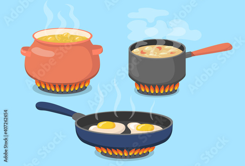 Hot pot  saucepan and pan on gas stove flat set for web design