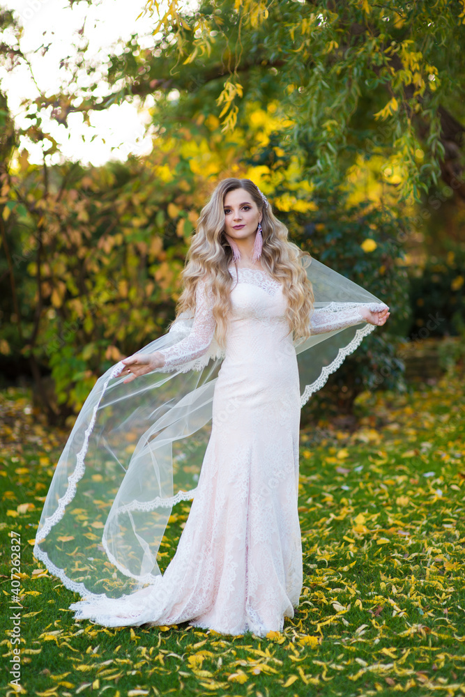 Beautiful bride in a wedding dress straightens the veil Beautiful bride in a wedding dress straightens the veil