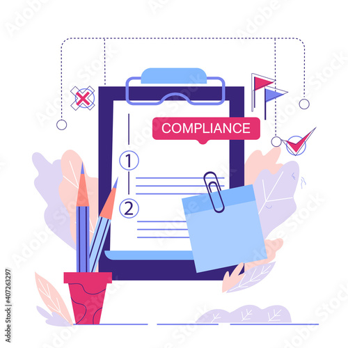 Regulatory compliance business concept, cartoon vector illustration isolated on white background. Legal compliance policy and regulatory of business.