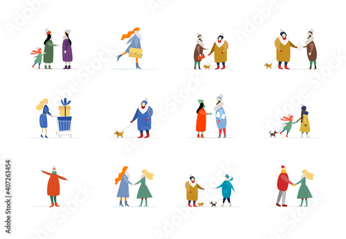 People walking. Winter season. Collection for your design