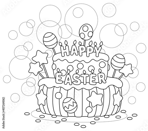 Fancy sweet Easter cake decorated with letters candles, candy stars and chocolate eggs, black and white outline vector cartoon illustration for a coloring book page