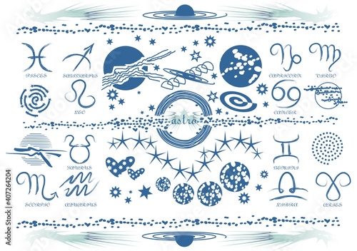 Zodiac sings constellation, alchemy astrology astronomy symbols, isolated icons. Planets, stars pictograms. Big esoteric set in line art