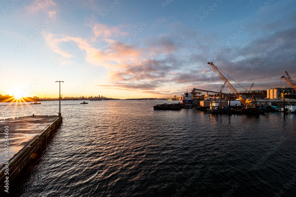 sunset on docks on Burrard Inlet and Downtown Vancouver