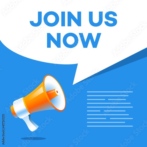 megaphone vector with bubble chat Illustration on blue banner background, concept of join us now text, job vacancy and announcement in modern flat cartoon style design 