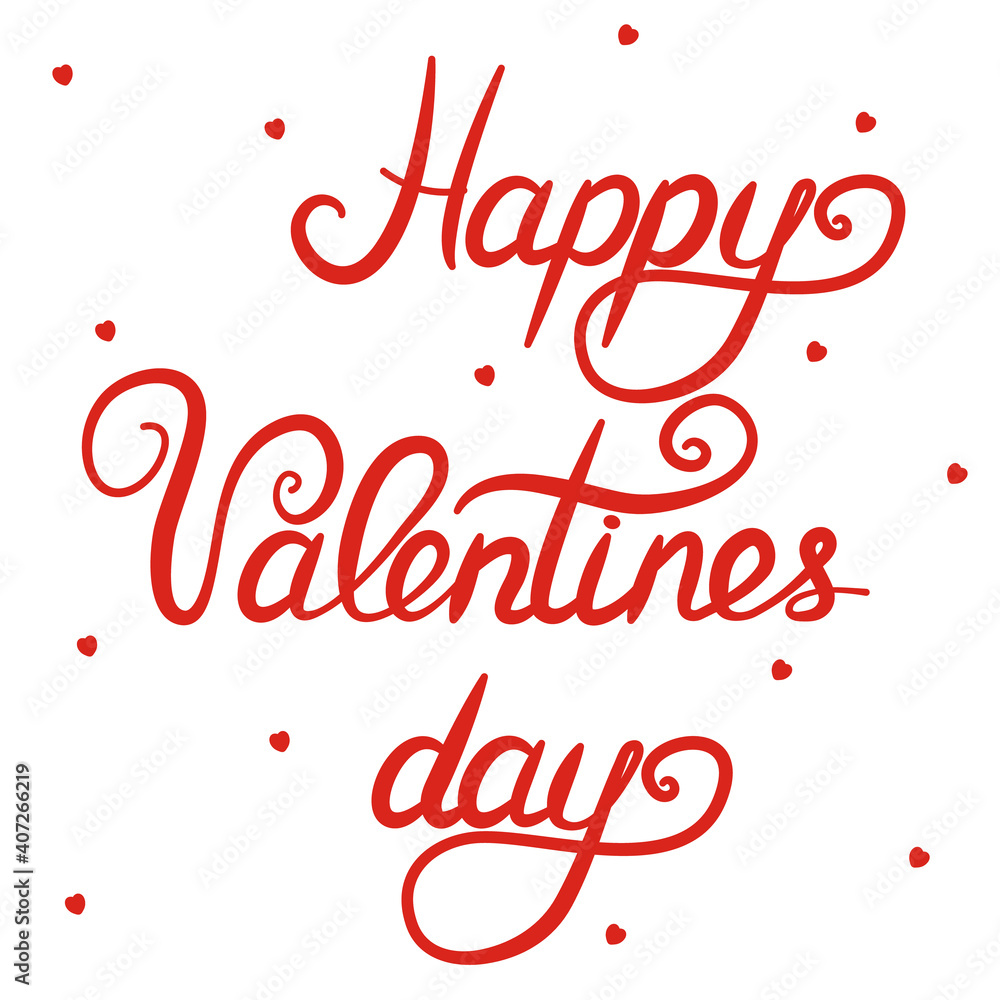 Red Happy Valentines Day lettering text isolated on white background. Small hearts are around Red Happy Valentines Day lettering text isolated on white background. Small hearts are around