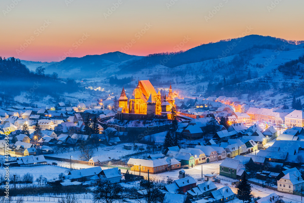 Biertan, Romania. Winter in the Saxon village. Unesco World Heritage Site in Transylvania.