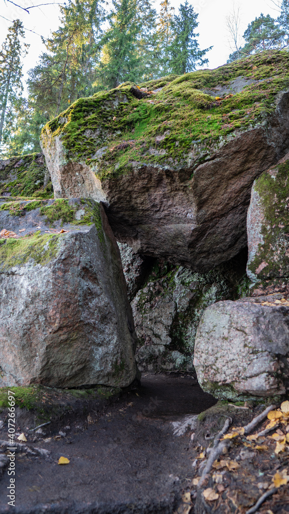 Rocks in the forest Park of Monrepos near Vyborg in Russia