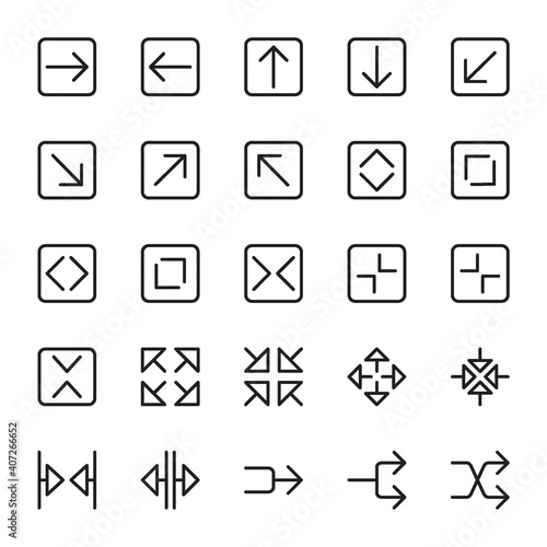 Icon Set of Arrow. Outline style icon vector. Contains such of arrow left, right, cursor, zoom in, zoom out, shuffle, pointer, next, user interface and more. Editable Stroke and Pixel Perfect.