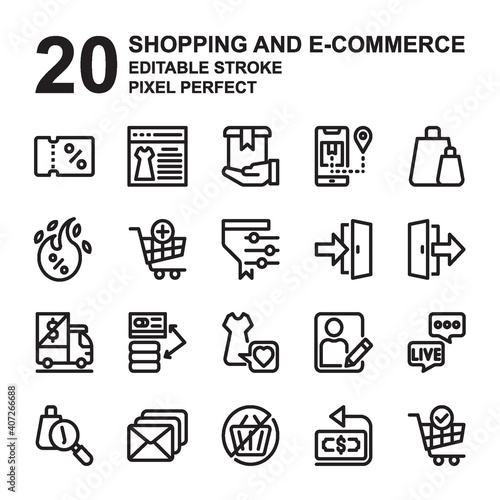 Icon Set of Shopping and E-Commerce. Outline style icon vector. Contains such of discount, choose payment, free delivery, empty, searching product, hot sale and more. Editable Stroke and Pixel perfect