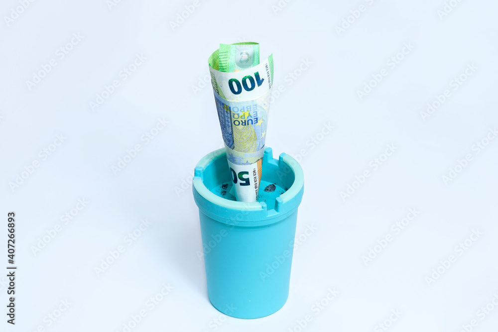 custom made wallpaper toronto digitalAshtray with euro currency, banknotes. cost of unhealthy lifestyle concept. Concepts of Tobacco Tax, Ban on Smoking
