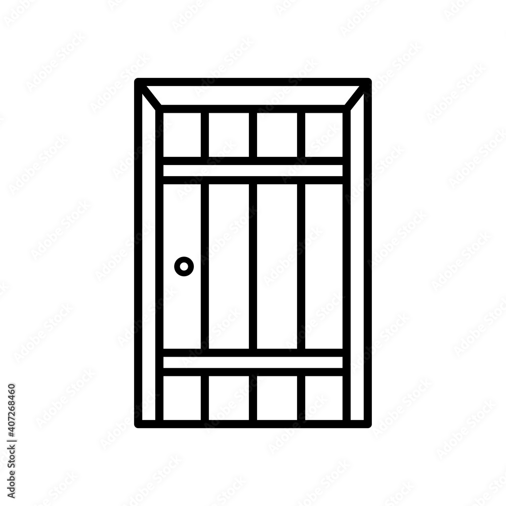Door icon. Black contour silhouette. Vector flat graphic illustration. The isolated object on a white background. Isolate. Door icon. Black contour silhouette. Vector flat graphic illustration. The isolated object on a white background. Isolate.