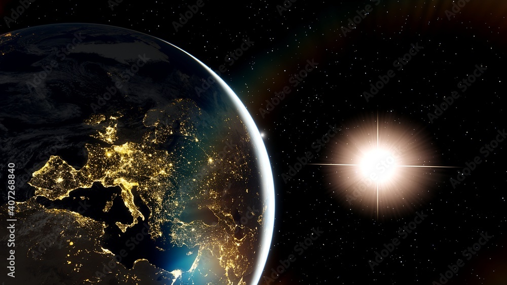 Fototapeta Europe from space, earth lights from space, city lights from space, EU satellite view 3D render
