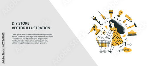 DIY shop concept. Banner template. Woman running with her shopping cart. Vector illustration of tools for home renovation and decor in a flat style. Perfect for poster, flyer, commercial