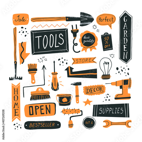 DIY shop concept. Do it yourself tools and hand drawn lettering. Vector illustration of instruments for home renovation and decor in a flat style. Perfect for poster, banner or flyer