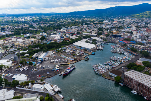 Aerial view  city view of Port Louis with harbor  old town and financial district  Mauritius