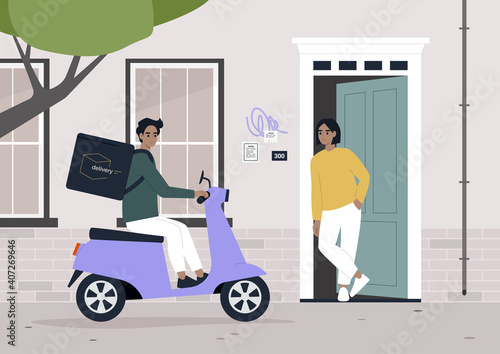 Delivery service, a courier arriving at customer's door on an electric scooter, ordering food online