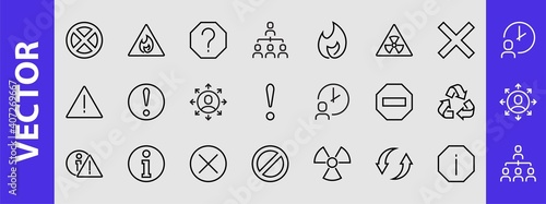 WARNINGS simple set of thin line vector icons. Contains icons such as warning, exclamation mark, reuse, warning sign and more. Editable stroke. Vector illustration