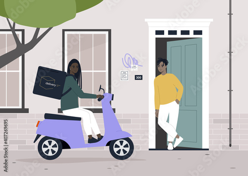 Delivery service, a courier arriving at customer's door on an electric scooter, ordering food online