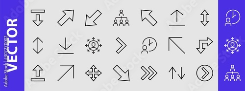 Set of line arrows, directions, arrows, contains icons such as pause, continuation, directly, to the right, Editable stroke. 480x480, On a white background, Vector illustration