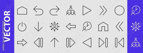 Set of line arrows, directions, arrows, contains icons such as pause, continuation, directly, to the right, Editable stroke. 480x480, On a white background, Vector illustration