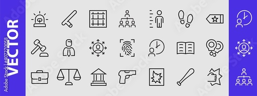 Court, Law and Justice Icon Set contains such icons as Law, Police, Prison, Handcuffs, Pistol, Editable stroke. Modern subtle symbols