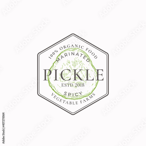 Vegetable Farm Frame Badge or Logo Template. Hand Drawn Pickle Slice Sketch with Retro Typography and Borders. Vintage Premium Emblem. Isolated