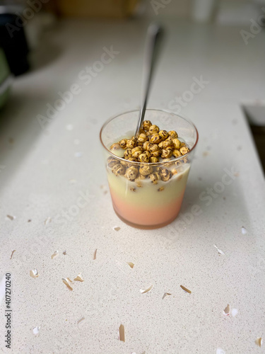 Strawberry Fruit Aroma Boza or Bosa, traditional Turkish drink with Roasted Chickpeas. photo