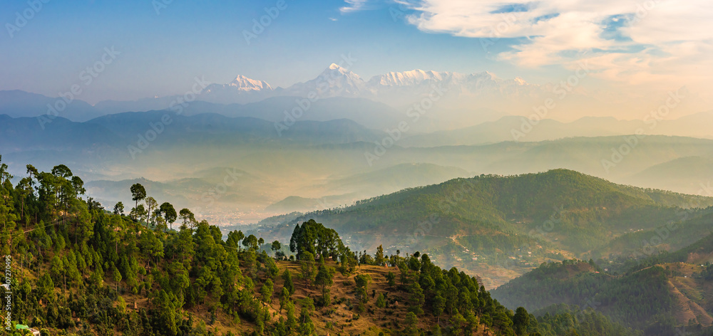 View at Kausani, a hill station in Bageshwar district, Uttarakhand, India.