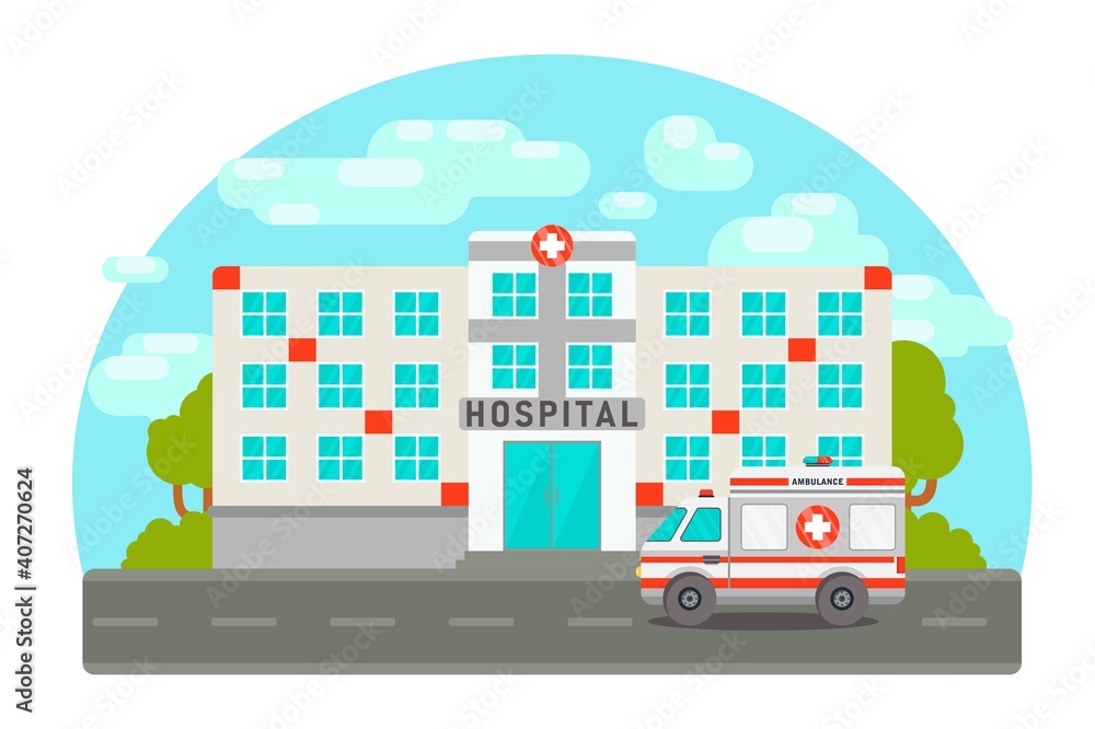 Hospital outside. Medical services concept. Emergency and healthcare concept. Building icon. Flat illustration.