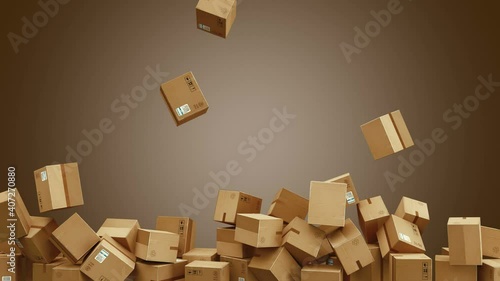 Falling and rotating cardboard boxes. Falling packages. Logistics and retail goods delivery commercial business concept. Professional cinematic slow motion 4K 3d animation. photo