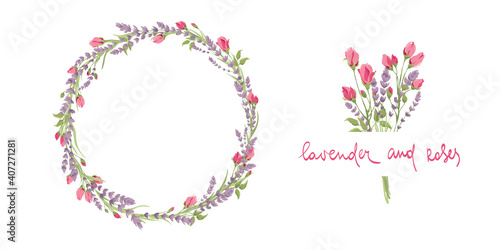 Cards for Wedding invitation. Set vector design elements  wreath and bouquet of lavender and roses  calligraphy lettering.