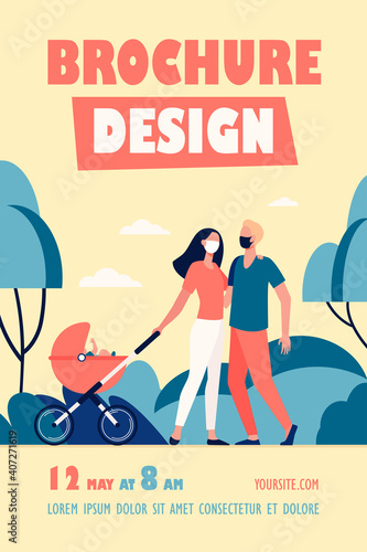 Family with baby in pram wearing masks