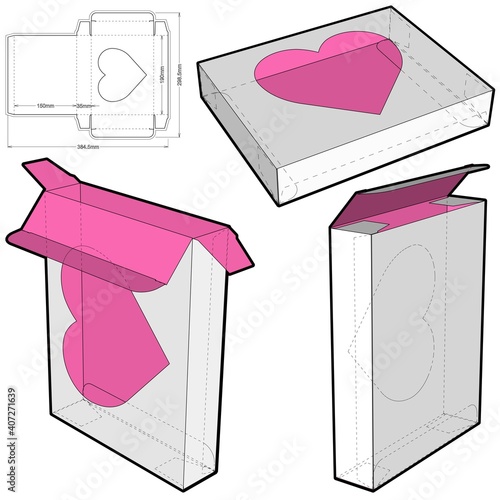 Valentine Box (Internal measurement 10x10x10cm) and Die-cut Pattern. Heart shaped silhouette. The .eps file is full scale and fully functional. Prepared for real cardboard production.