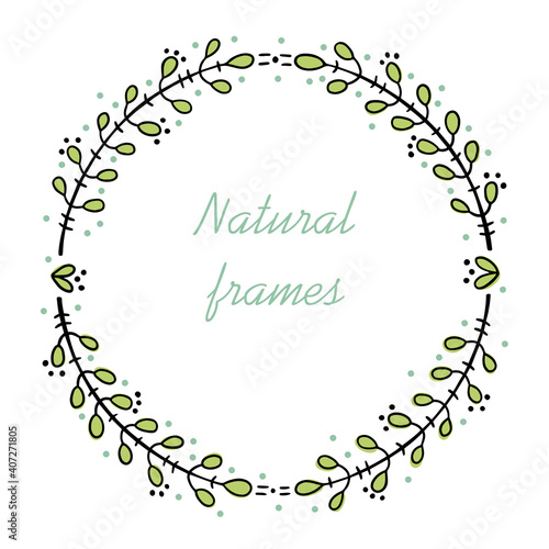 Round frame for text decoration in doodle simple style. Natural style, branches, plants, flowers. Black outline and colored accents on a white background.