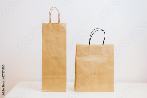 craft paper bags blank on white background. Shopping Paper bag template on white background. Eco packaging organic