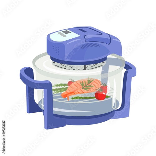 Convection oven, air grill, deep fryer. Air grill with steak salmon. Household appliances for the kitchen. The management of the household. Vector illustration. 