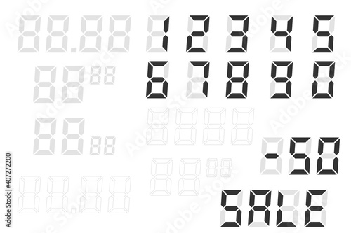 Digital price tag. A set of electronic numbers. Template for supermarkets and shops. Retail price tag. Empty blank LCD calculator digits. Vector illustration flat design. Isolated on white background.