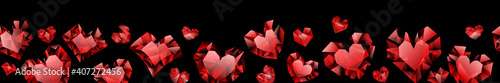 Banner of red hearts made of crystals witn shadows on black background