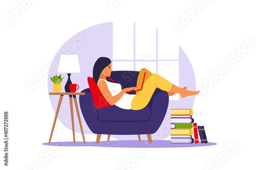 Woman lies with laptop on armchair. Concept illustration for working, studying, education, work from home. Flat. Vector illustration.