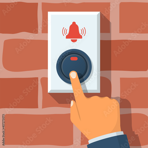 The man presses the call button. The button is isolated on a brick wall. A man is visiting. Finger on the bell. Vector illustration flat design. Isolated on white background.